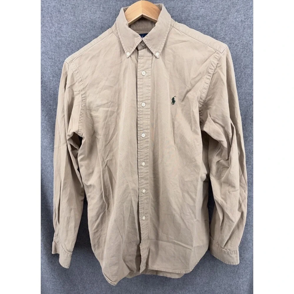 Polo Ralph Lauren Silk Blend Button Down Solid Khaki Tan Mens Medium Classic Fit